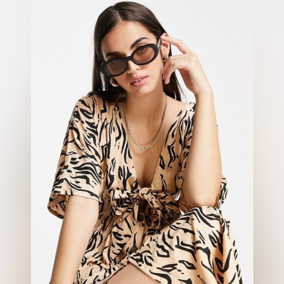 ASOS Maxi Dress Women’s Size 4 US Tan Beige Black Animal Print Knot Front V-Neck - Picture 6 of 12